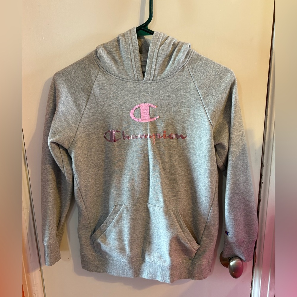 Champion Gray Hoodie with Pink Logo